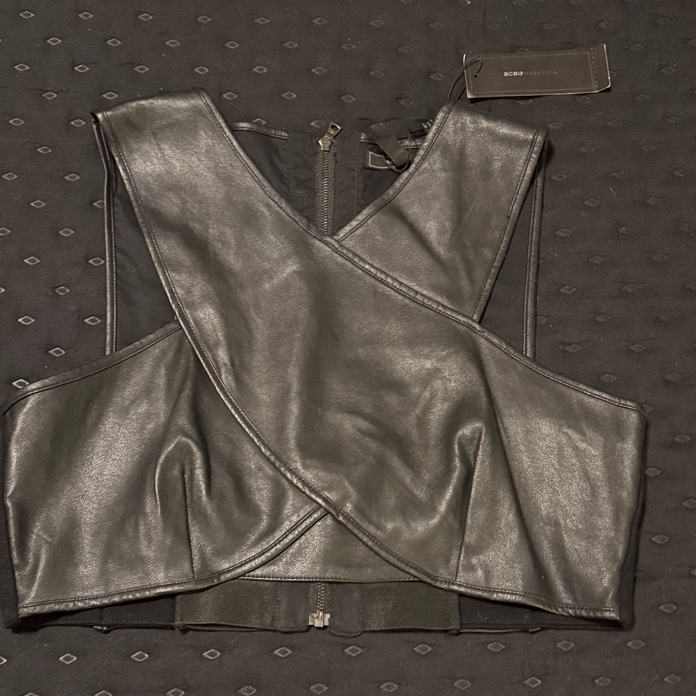 BCBGMaxAzria Black Faux Leather Top